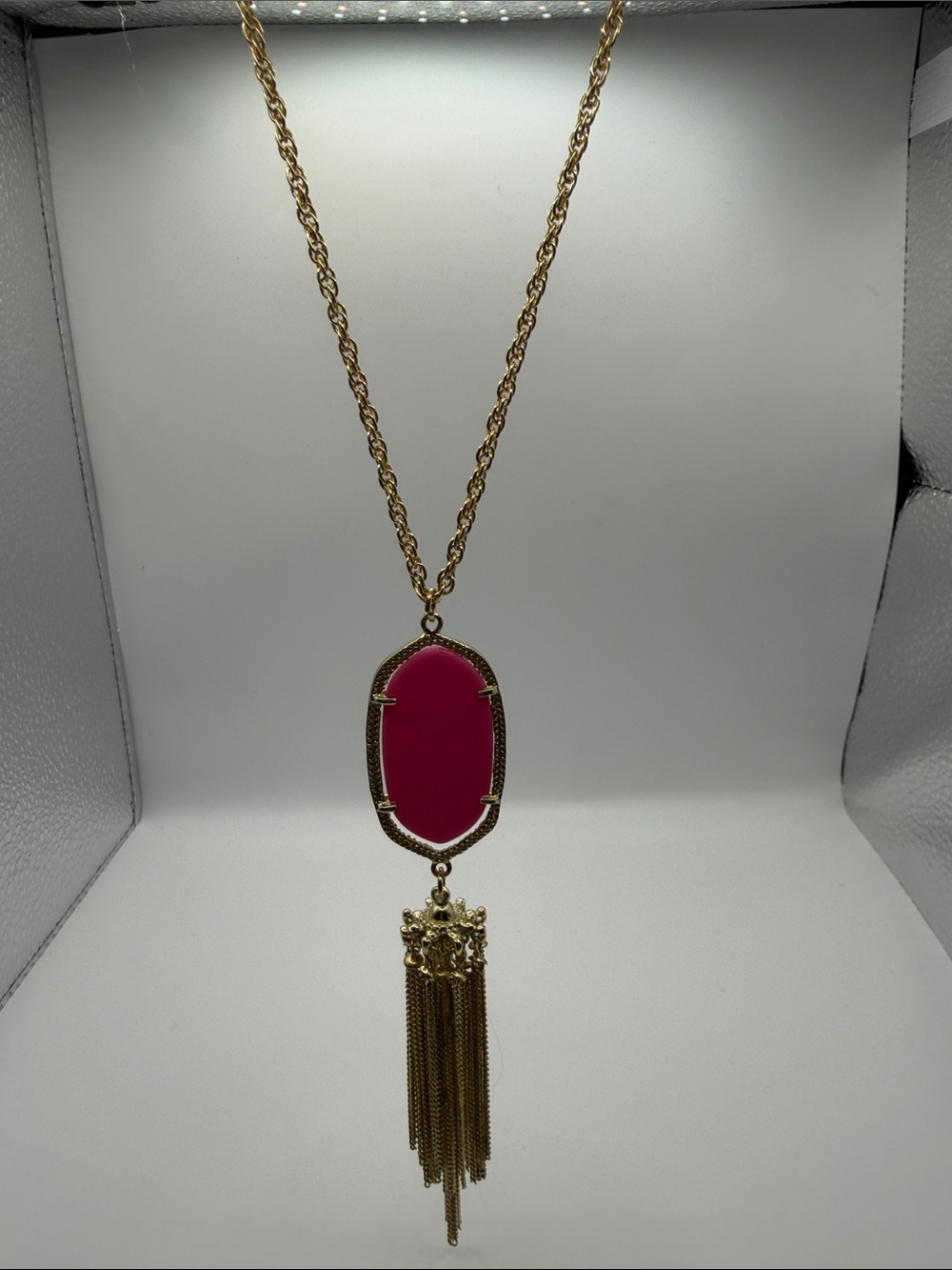 Gold Tone Fuchsia Pink Cabochon Tassel Statement Necklace